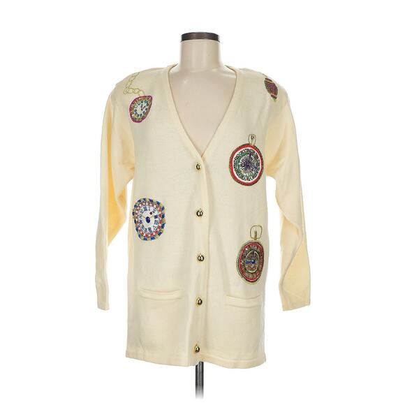 VTG Nordstrom Merino Wool Cream Embroidered Clock Patches V Neck Cardigan S - Picture 1 of 4